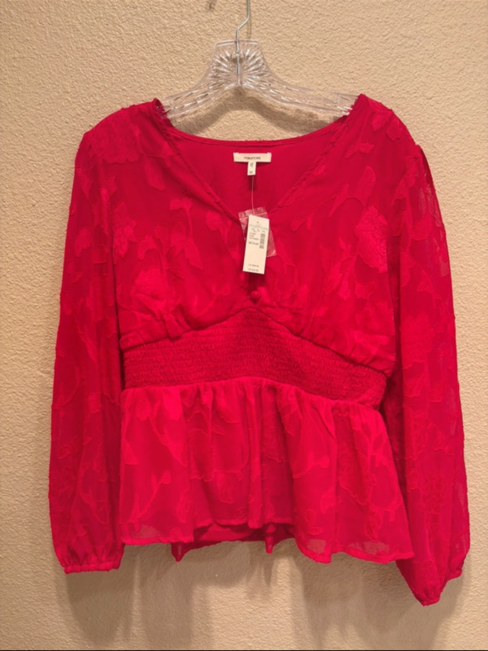 Maurices Red Smocked-Waist Peplum Long-Sleeve Blouse